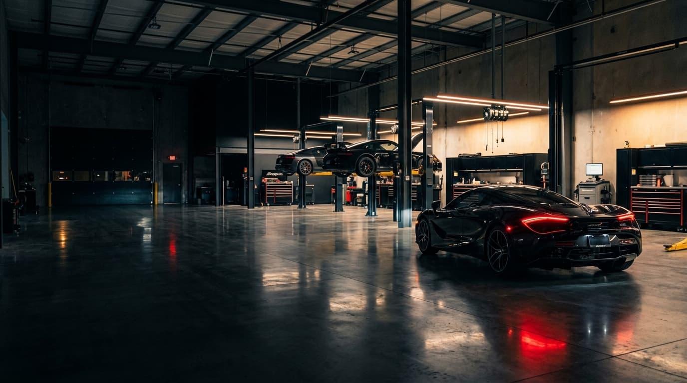 Modern Garage Workshop with High-Performance Sports Car